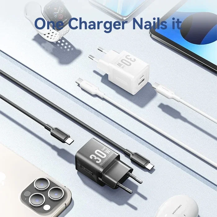 Vention Cargador de Pared GaN 30W 2 Puertos USB-C y USB-A con Cable USB-C (TZ-FEQB0-EU-01), Rápido, Compacto, Compatible PD/QC